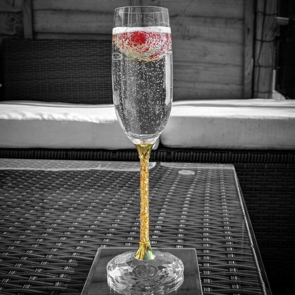 Pair of 24ct Gold Leaf Stem Crystal Champagne Flutes