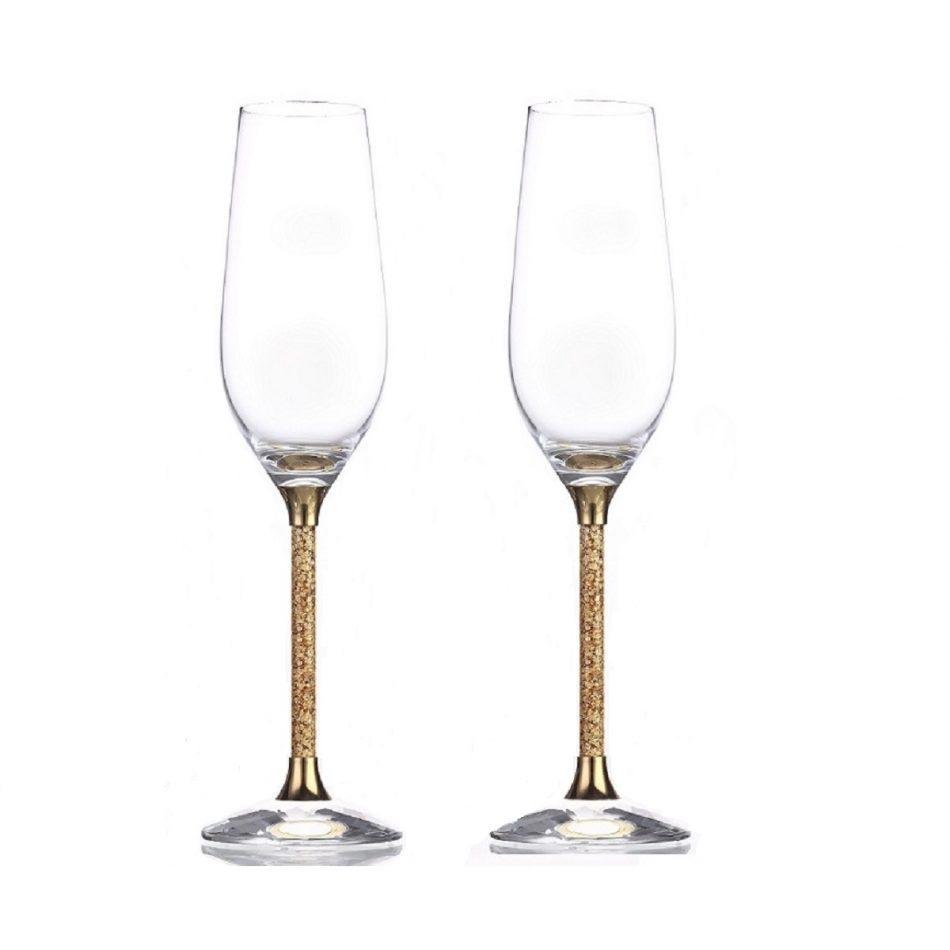Pair of 24ct Gold Leaf Stem Crystal Champagne Flutes