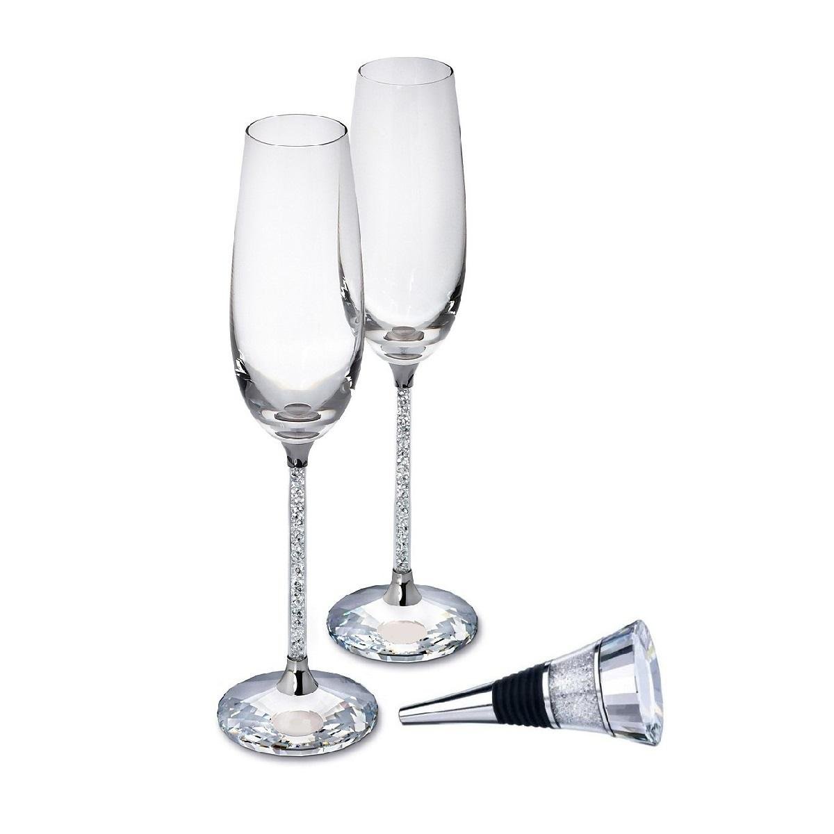 Set of Swarovski Crystal Filled Stem Champagne Flutes & Wine Bottle Stopper