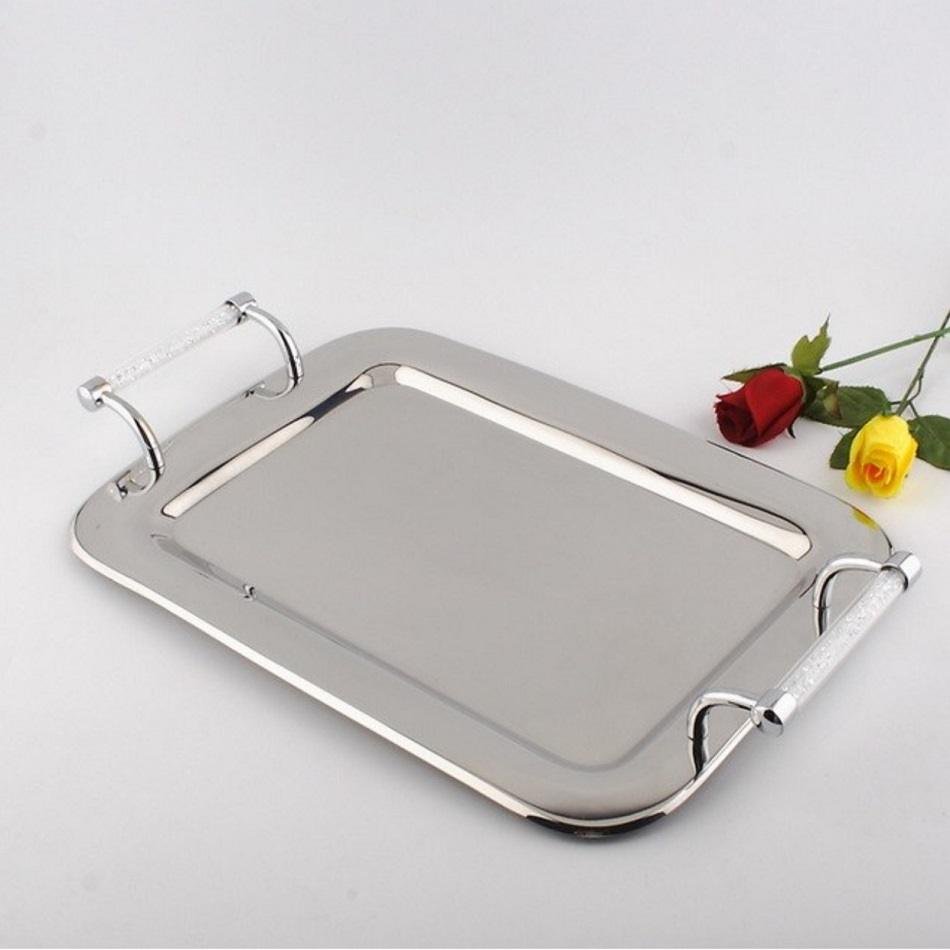 Rectangular Stainless Steel Serving Tray With Swarovski Crystal Filled Handles