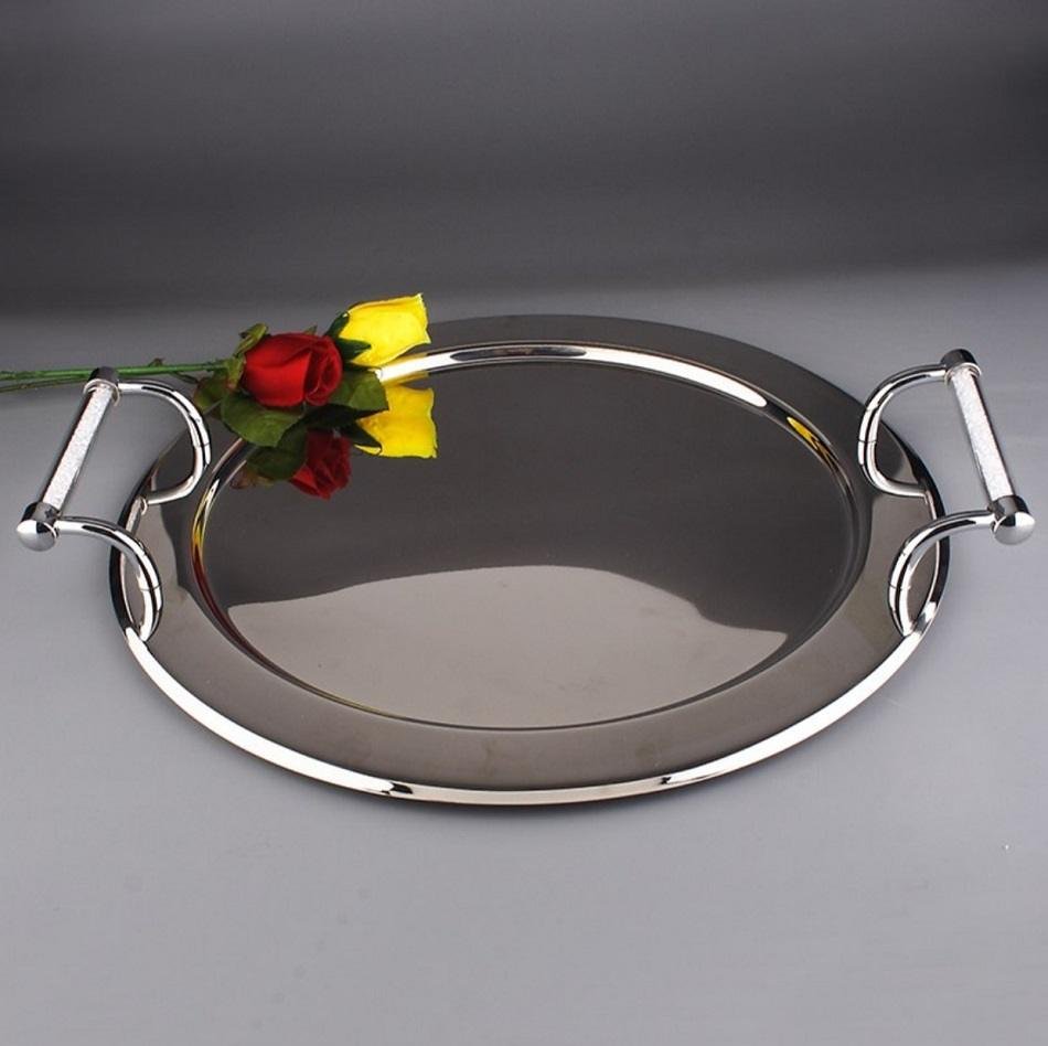 Round Stainless Steel Serving Tray With Swarovski Crystal Filled Handles