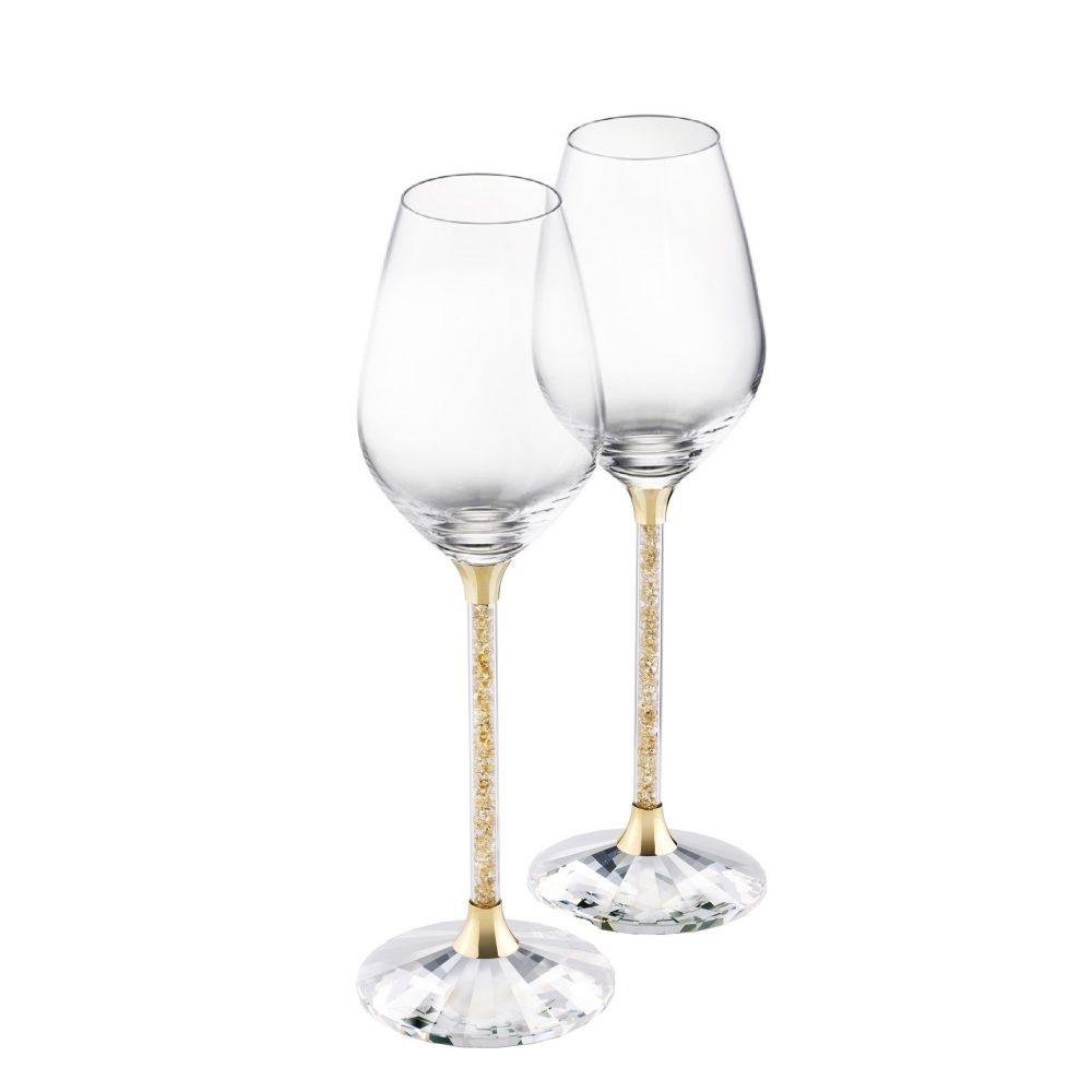 Pair of Wine Glasses with Gold Swarovski Crystal Filled Stem