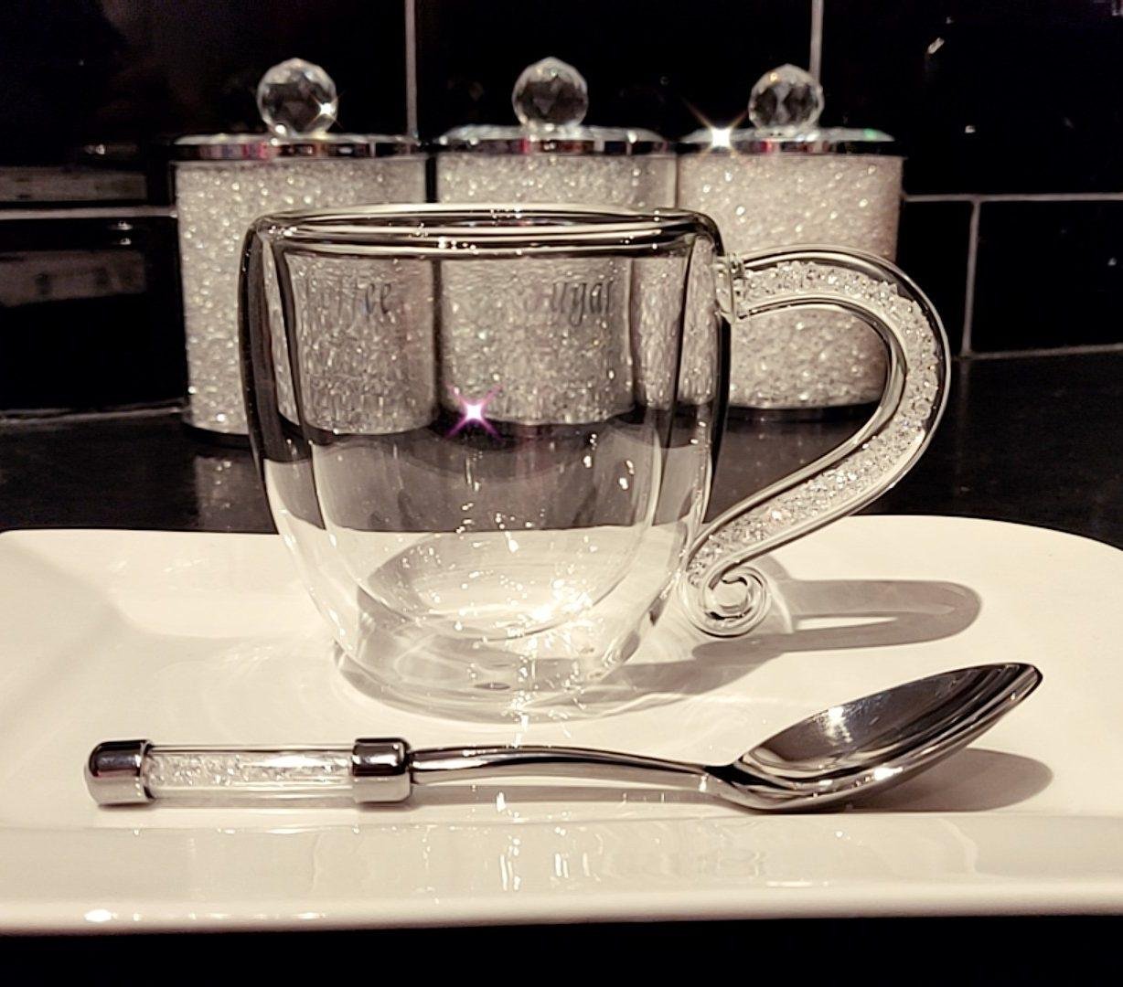 Double Wall Coffee Mug & Teaspoon Gift Set with Swarovski Crystals