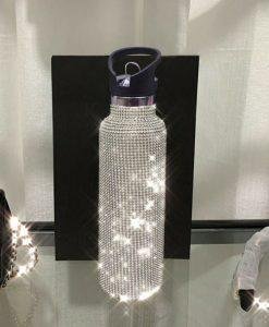 Re-usable Straw Top Stainless Water Bottle with Swarovski Crystal Elements