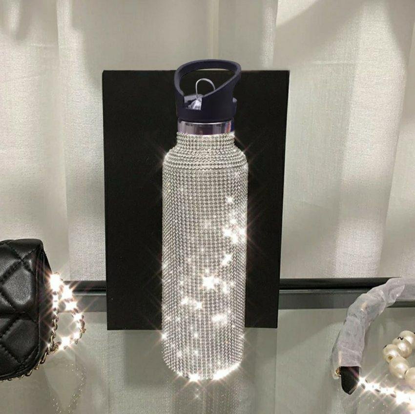 Re-usable Straw Top Stainless Water Bottle with Swarovski Crystal Elements