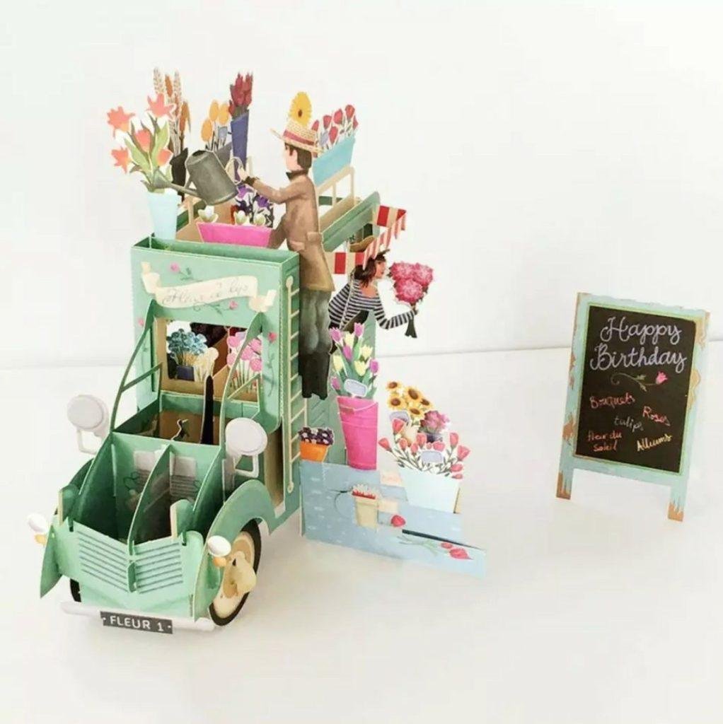 Pop Up 3D Birthday Card Florists Cart Sage Green