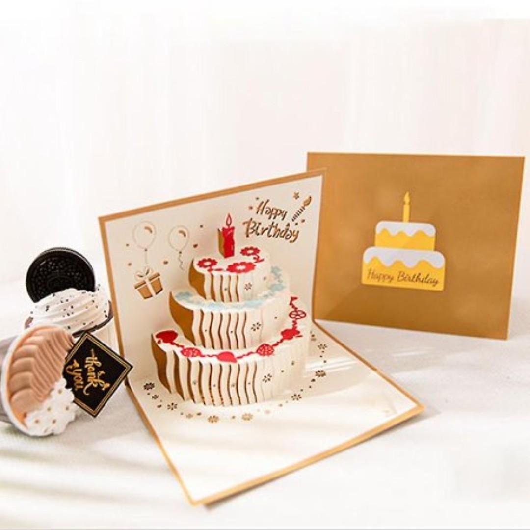 Pop Up 3D Gold "Happy Birthday" Cake Card