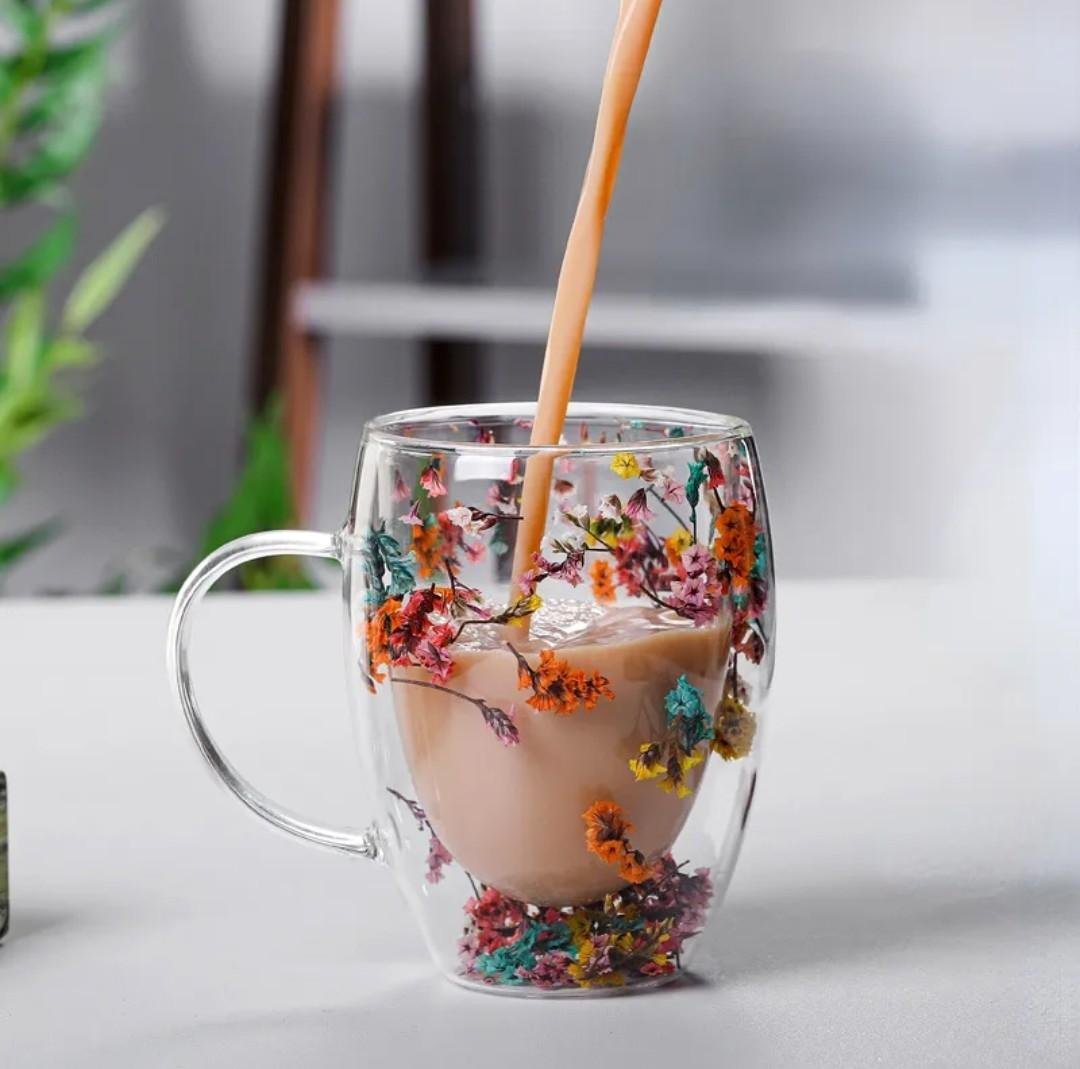 Double Wall Coffee Mug with Dried Flowers
