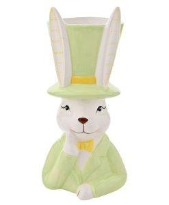 Large Ceramic Easter Bunny in Top Hat Green Planter