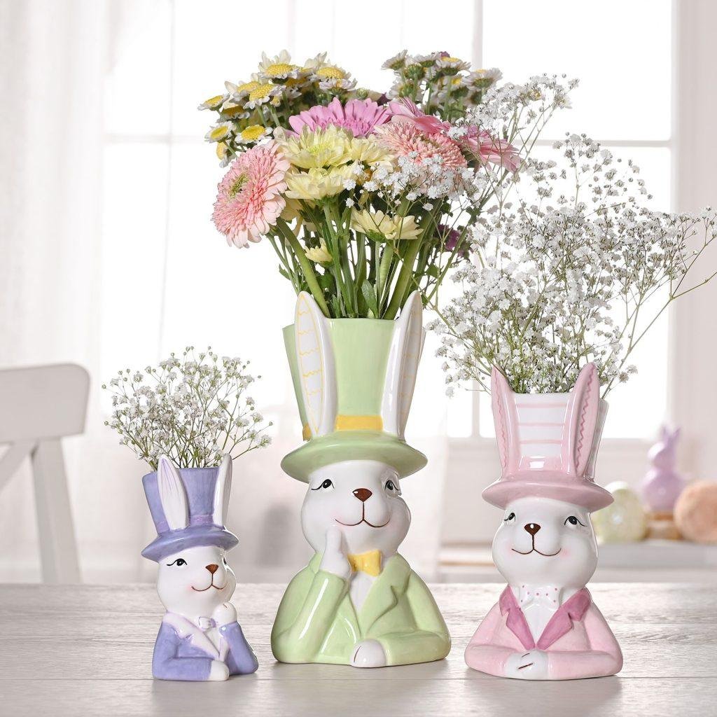 Ceramic Easter Bunny in Top Hat Green Planter - Large