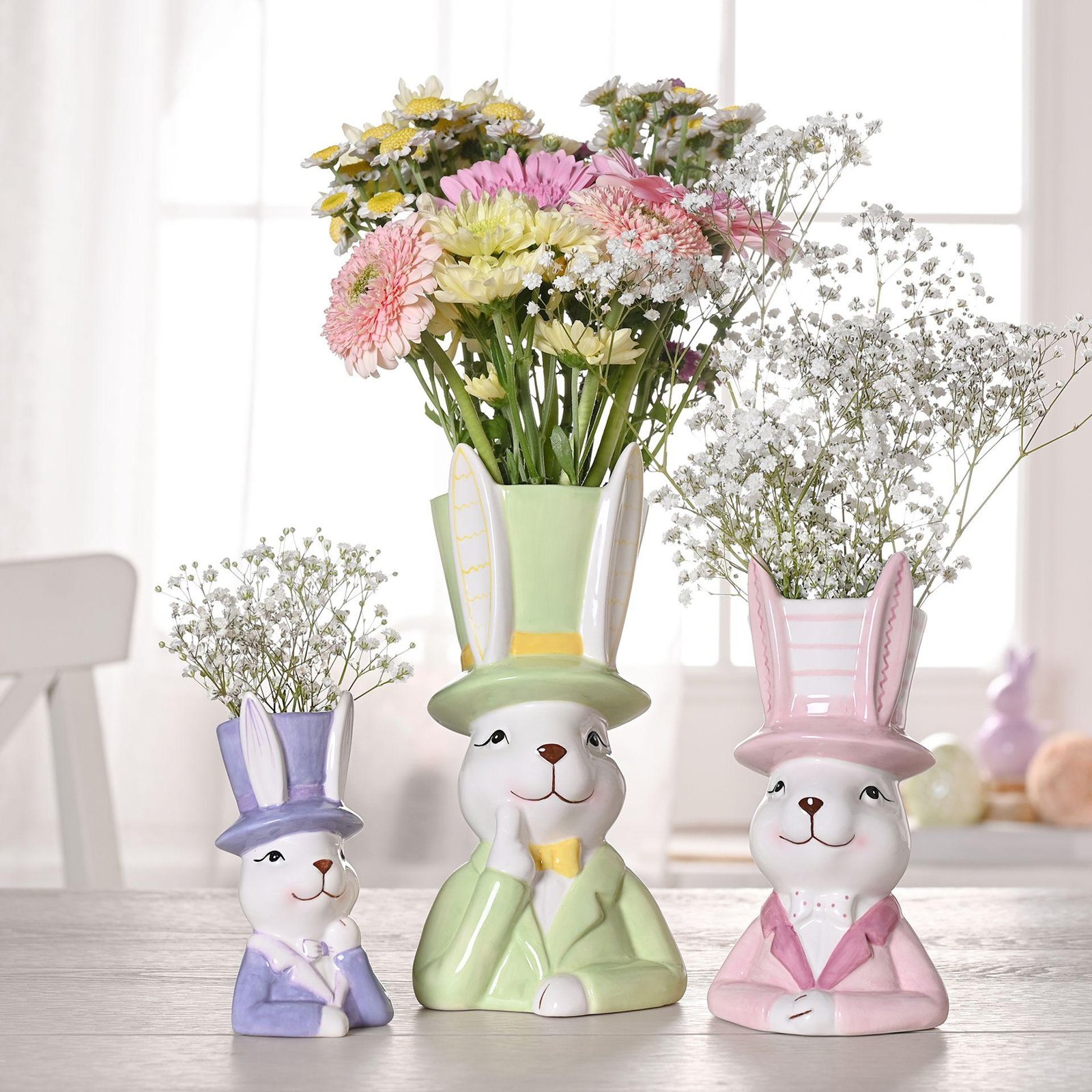 Ceramic Easter Bunny in Top Hat Green Planter - Large