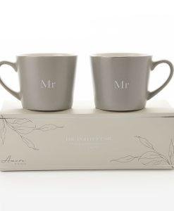 Set of 2 Grey & White Stoneware Mugs - Mr & Mr