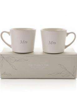 Set of 2 Grey & White Stoneware Mugs - Mrs & Mrs